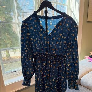 Blue Floral Smocked Waist Dress Size L | Long Sleeve Ruffle Hem | Boho Style